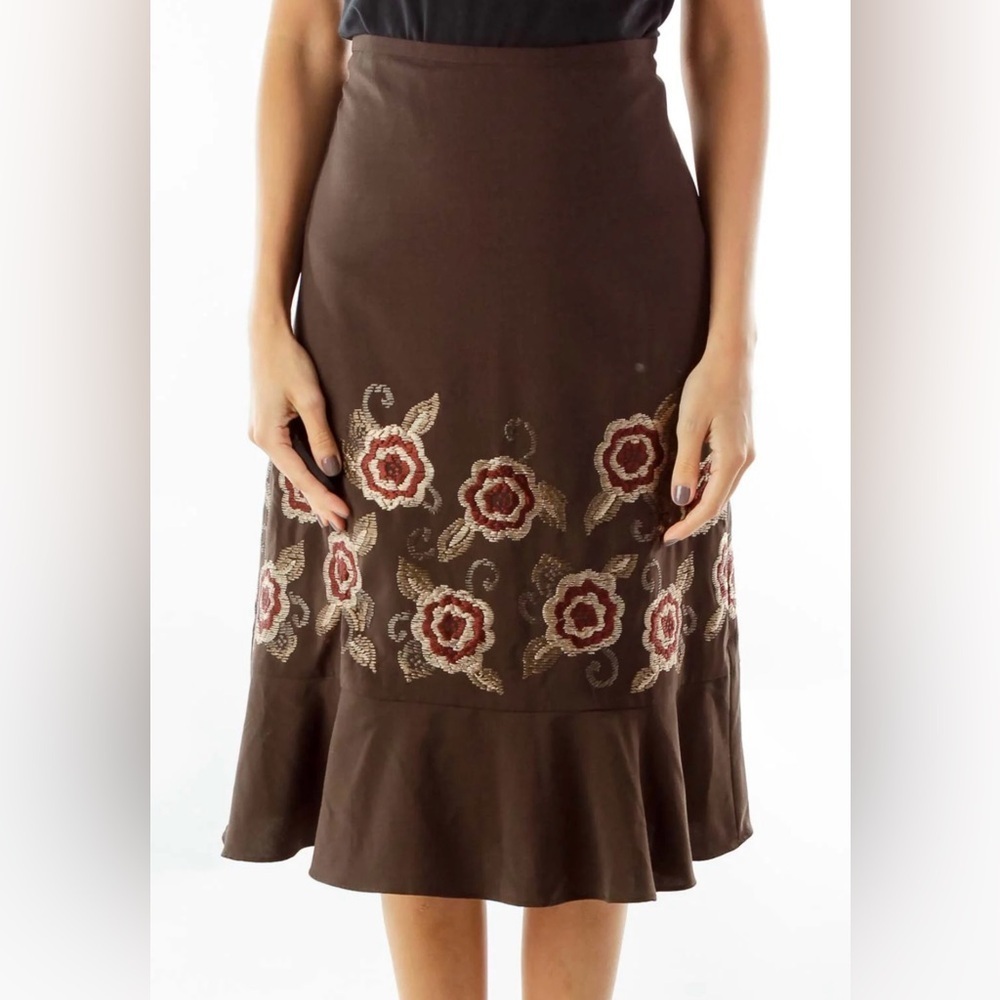 Ann Taylor Loft Brown Flounce Skirt Embroidered Flowers Size 6